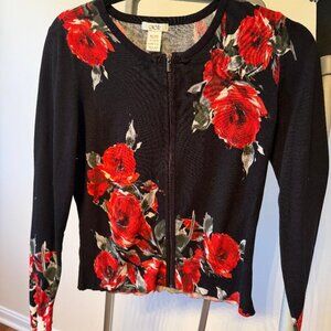 Cache Rose Print Floral Zip front Cardigan Size L (runs smaller, fits M)